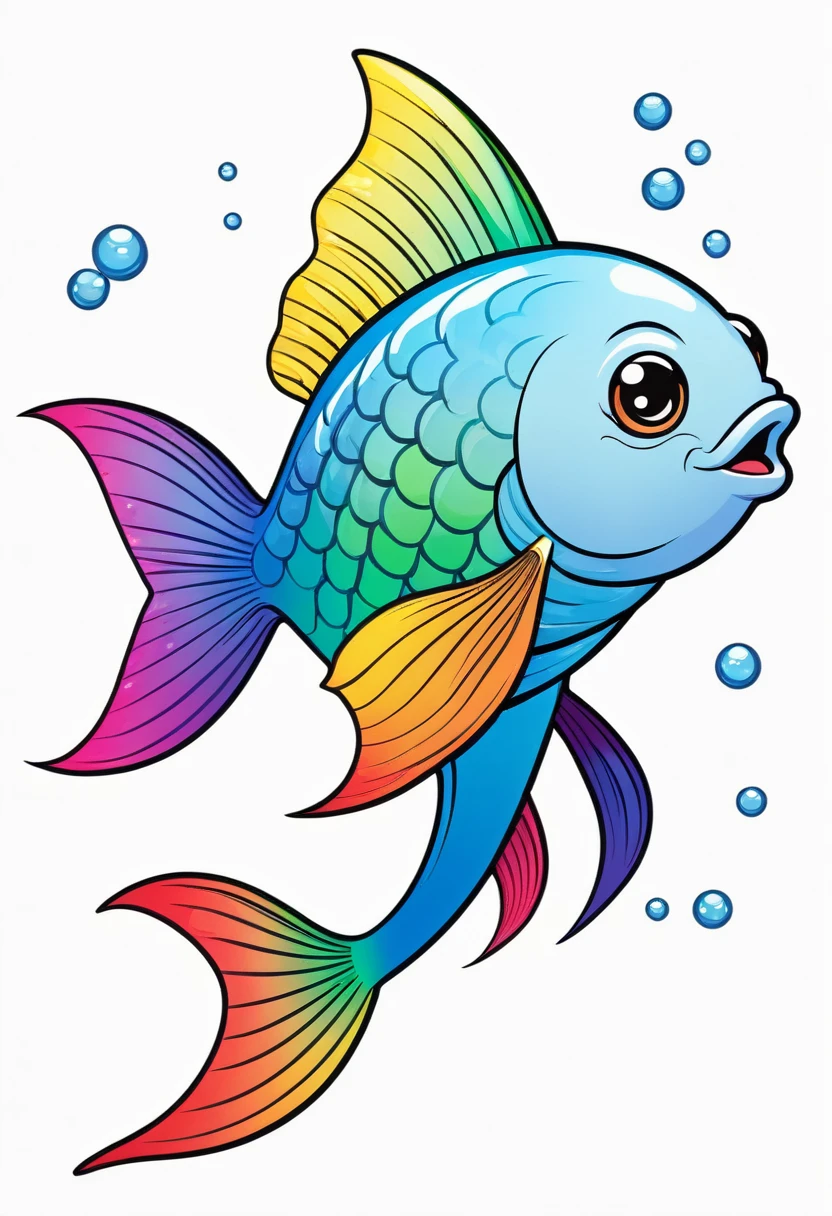 happy multicolored fish, Chibi style, outline, vector, white background