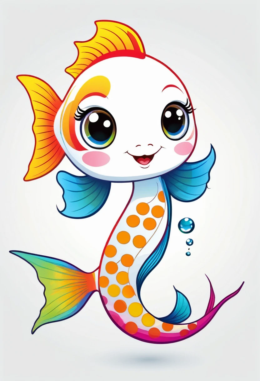 happy multicolored fish, Chibi style, outline, vector, white background