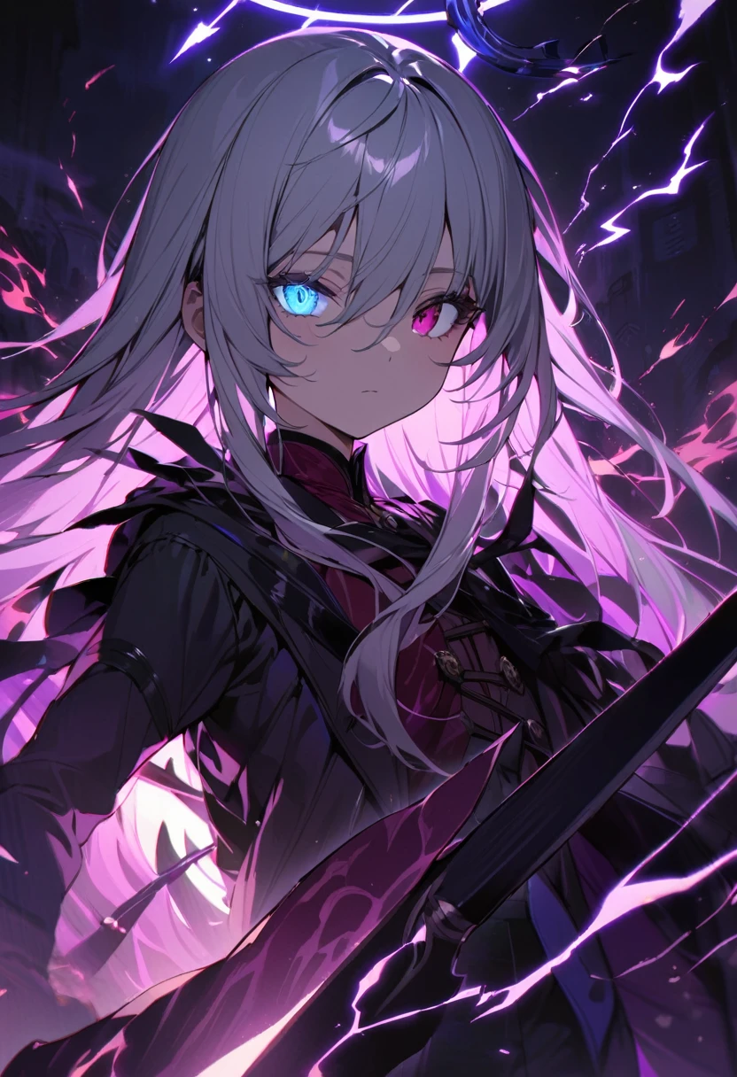 elementary, Shadow Surrounding Girl, lightning, Green Aura, Red aura, Purple aura, Flames surrounding the girl, masterpiece, Dark Theme, Highest quality, Maximum details, Very fine eye, Professional coloring, cinematic lightning, Remaining, Written boundary depth, Backlight, One Girl, Young girl, Silver Hair, Long Hair, Hair between the eyes, Black translucent halo, Shining blue sea, Blue Flame, Large translucent magical wings on his back, Fantasy-inspired costumes, Black long coat, shirt, Black trousers, Expressionless, heterochromatic eyes, Heterochromia iridis, Purple left eye and blue right eye, Odd Eye, Glowing Eyes, Show a close-up of your face, Countless magical swords are floating, Slashing Effects