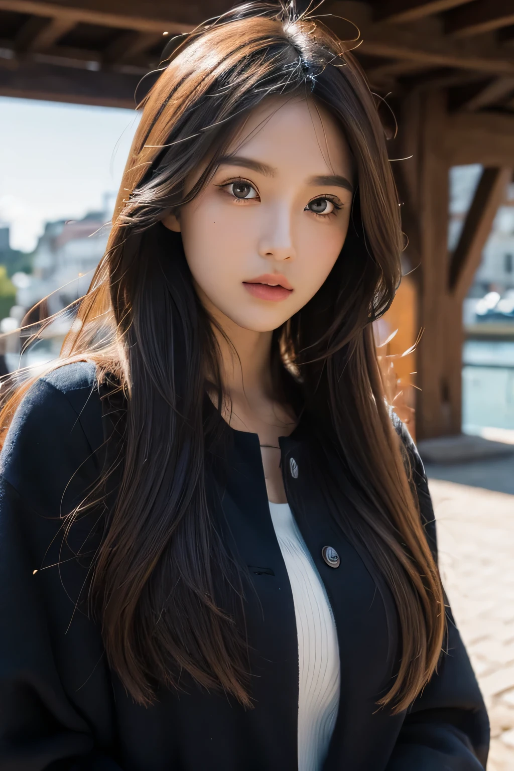 Oval face, big eyes, high nose bridge, long hair