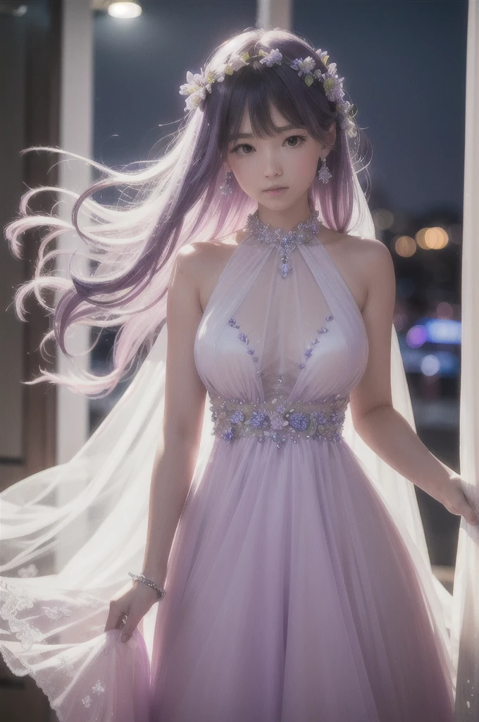 Raw photo, 8k uhd, dslr, soft lighting, high quality, film grain, Fujifilm XT3, close up low angle shot beautiful faceted transparent lavender color crystal dress which a girl wears with crystals looking out of the dress, cinematic photo, 18mm f/11 photograph, film, bokeh, professional, 4k, highly detailed, colorful