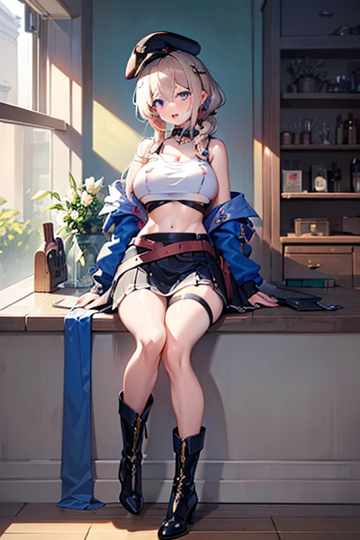 (masterpiece:1.2), (Military uniform magazine cover:1.4),best quality,PIXIV,Sweet girl , sexy posture,1girl, (perky chest:1.2), rolling upskirt by wind:1.6, (with sparkling eyes and a contagious smile),open mouth, (pointed chest:1.2),fishnets, black hair, boots, long hair, black nails, skirt, shirt, black footwear, bag, black skirt, jewelry, jacket, thigh strap, bangs, necktie, earrings, nail polish, multicolored hair, looking at viewer, full body, bottle, own hands together, belt, jacket on shoulders, food, cats on head, ring, choker, english text, collared shirt, blue eyes, hat, lace-up boots ,masterpiece、highest quality、Very detailed、An illustration、Beautiful fine details、One Girl、cute、Detailed landscape、Training Room Background:1.4、Platinum Blonde Hair、Braided Ponytail、Red camisole、((c cup breasts, Tank top showing underboob:1.4))