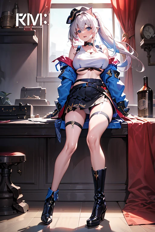 (masterpiece:1.2), (Military uniform magazine cover:1.4),best quality,PIXIV,Sweet girl , sexy posture,1girl, (perky chest:1.2), rolling upskirt by wind:1.6, (with sparkling eyes and a contagious smile),open mouth, (pointed chest:1.2),fishnets, black hair, boots, long hair, black nails, skirt, shirt, black footwear, bag, black skirt, jewelry, jacket, thigh strap, bangs, necktie, earrings, nail polish, multicolored hair, looking at viewer, full body, bottle, own hands together, belt, jacket on shoulders, food, cats on head, ring, choker, english text, collared shirt, blue eyes, hat, lace-up boots ,masterpiece、highest quality、Very detailed、An illustration、Beautiful fine details、One Girl、cute、Detailed landscape、Training Room Background:1.4、Platinum Blonde Hair、Braided Ponytail、Red camisole、((c cup breasts, Tank top showing underboob:1.4))