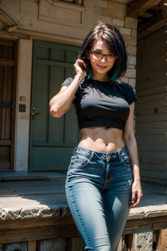 Masterpiece, best quality, 1girl, solo, 23 years old, adult, teal and green hair, messy hair, asymmetrical hair, very short hair, aqua eyes, medium breasts, toned, 167cm, pale skin, glasses, grin, olive green shirt, jeans, midriff peek, jenya.d