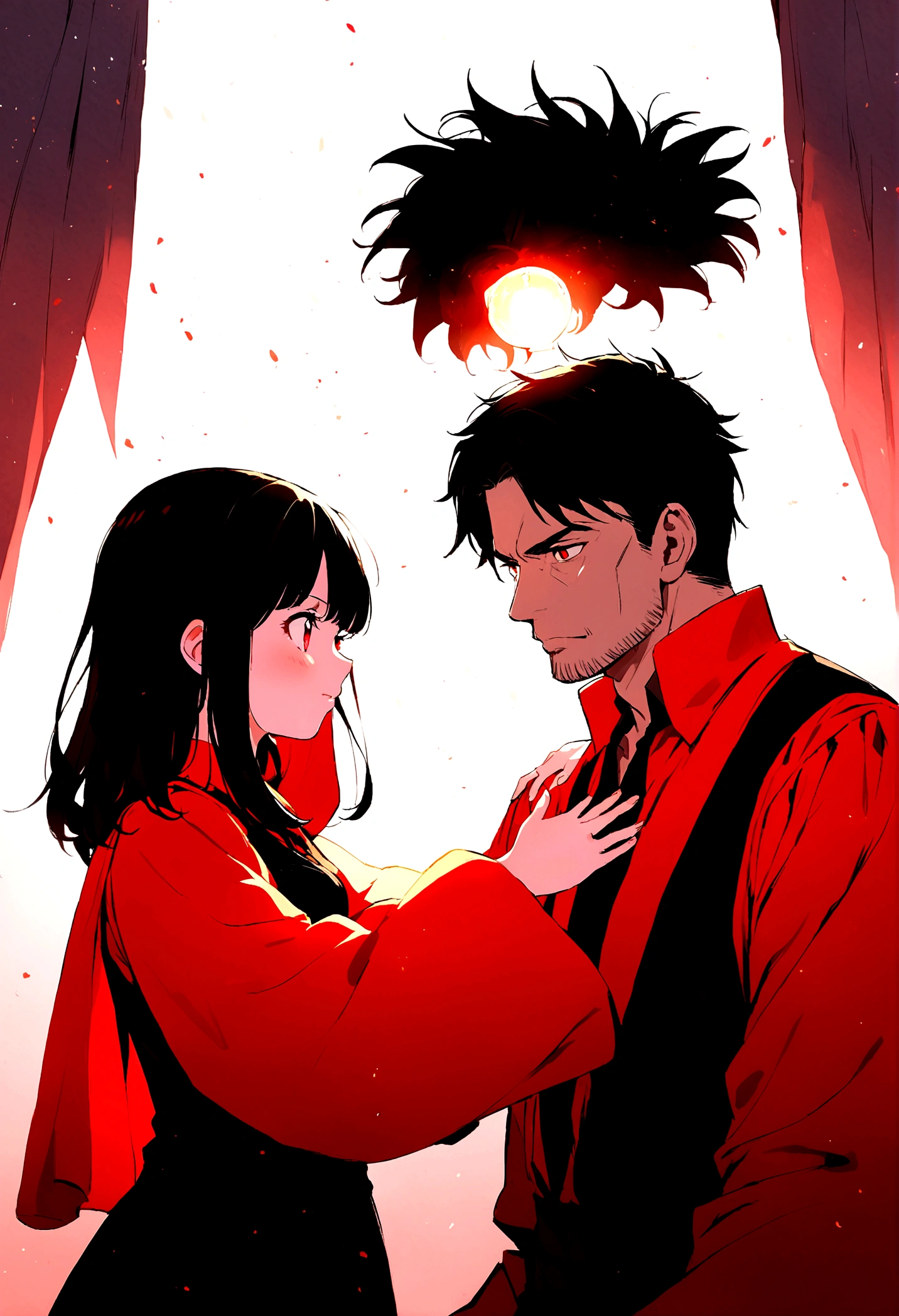 father and daughter , Red and black clothes, and black hair, Red eyes