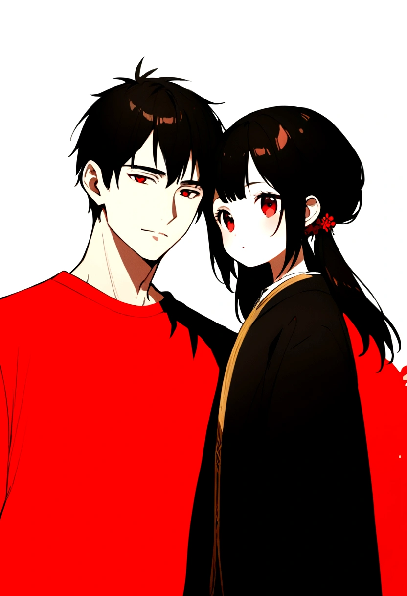 father and daughter , Red and black clothes, and black hair, Red eyes