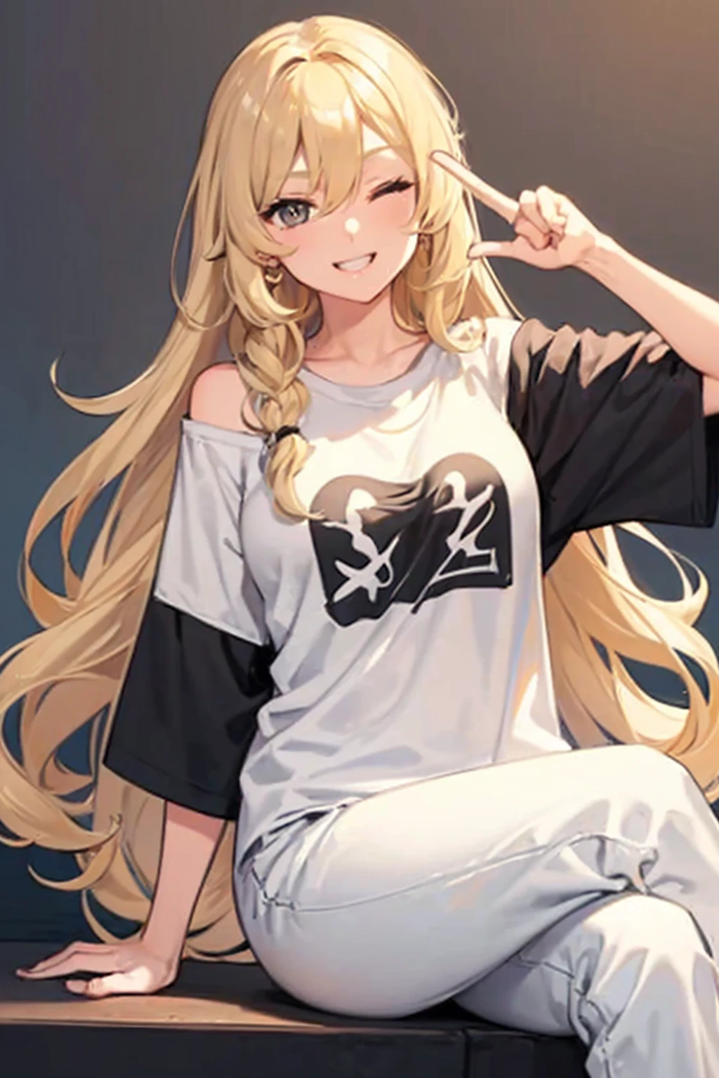 hair(Blonde, Shoulder length, Loose waves), Adult women(One person), Droopy eyes, Black Eyes, Clothes(T-Shirts, Big size), pants(sweat, White), smile(Teeth are visible), Wink(The right eye is closed, Left eye open) Making a peace sign(Five fingers, left hand, Side position of face), Sitting cross-legged,