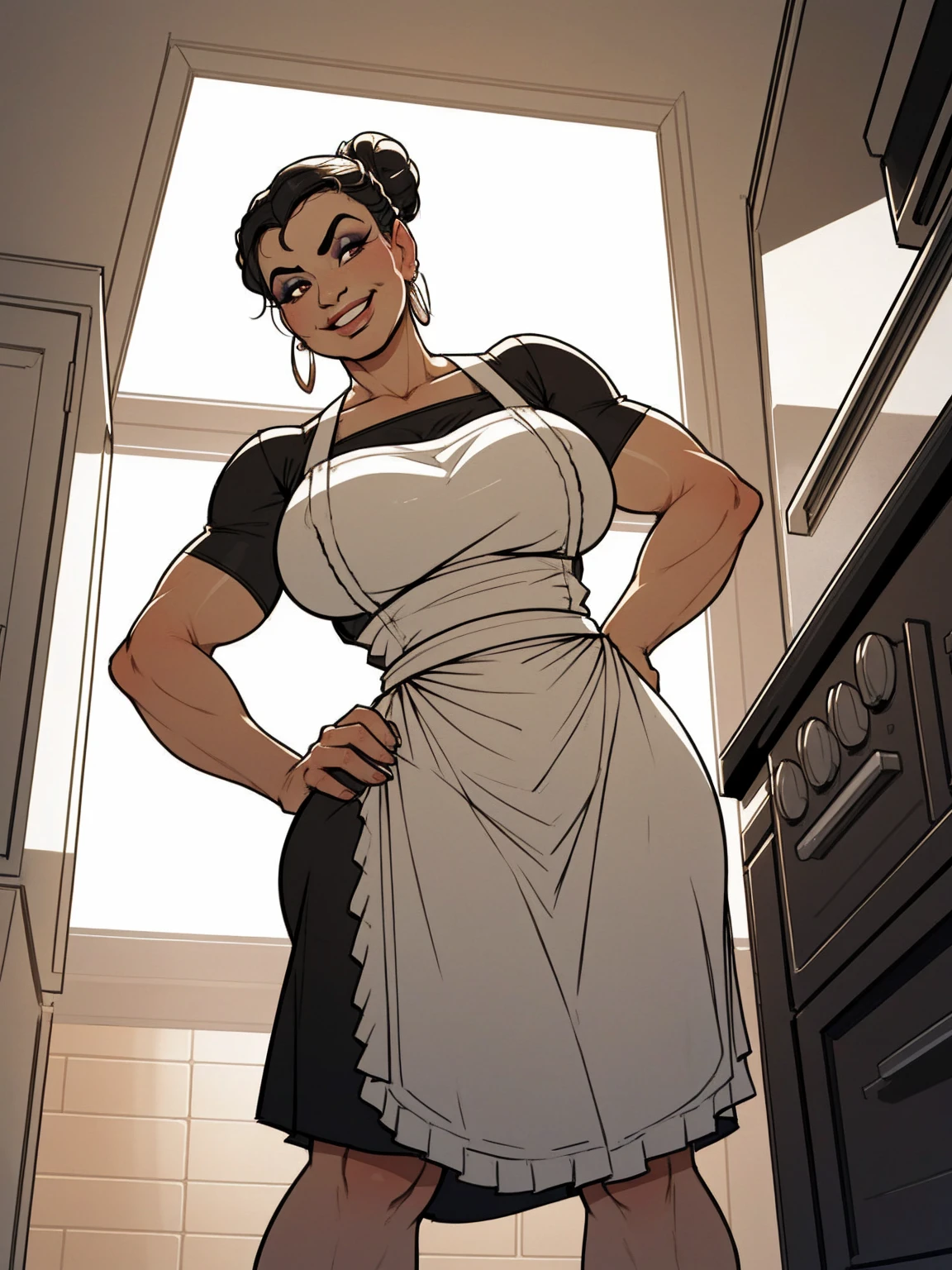 mature woman, solo, 1woman, retro, wearing dress and apron, standing in kitchen, modern kitchen, (huge breasts:1.1), (nipple outline:0.7), muscular, black hair, updo, hair bun, makeup, looking down at viewer, hands on hips, (from below:1.4), (extremely low angle:1.4), smiling, incase, by boris vallejo,