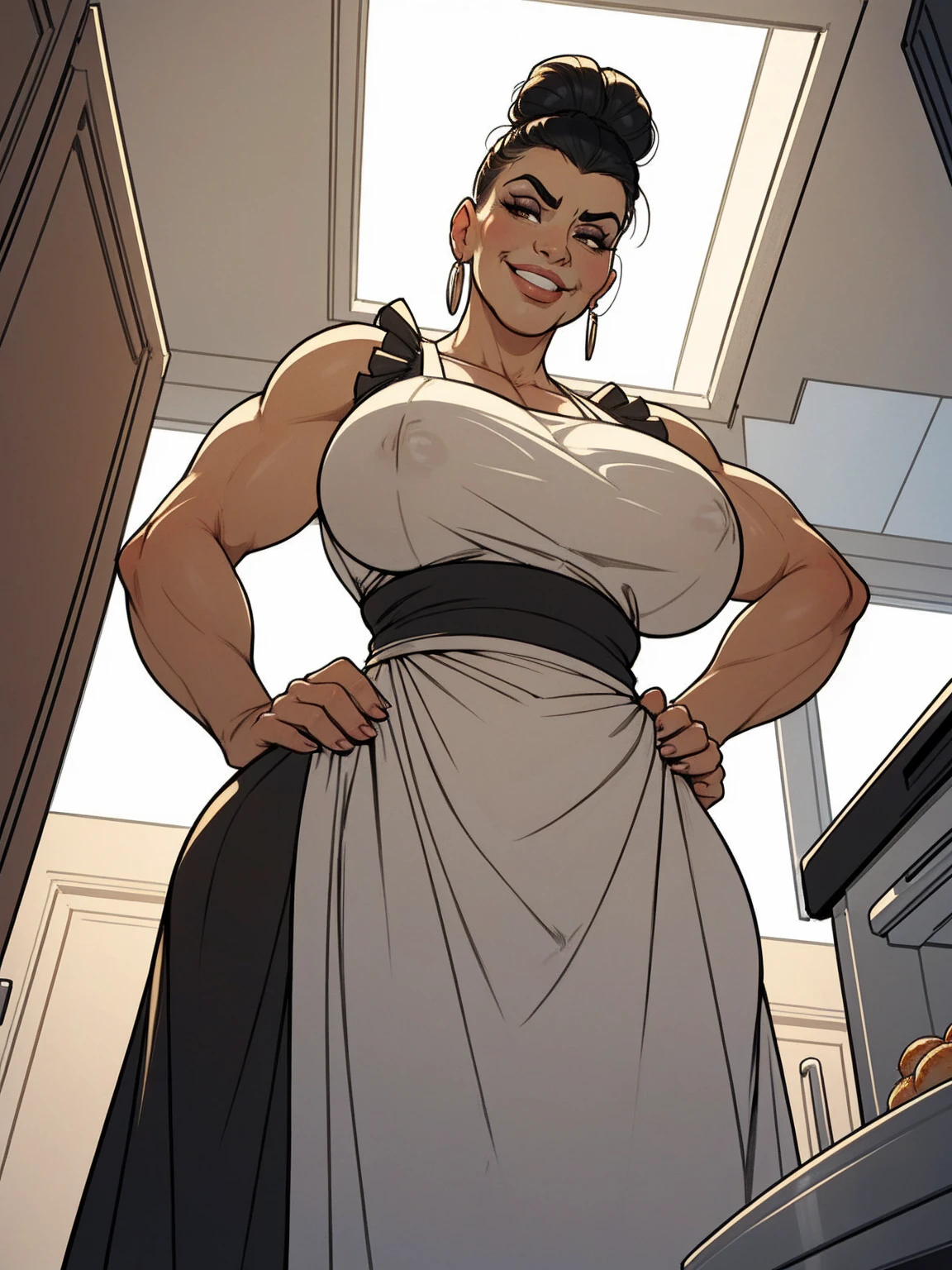 mature woman, solo, 1woman, retro, wearing dress and apron, standing in kitchen, modern kitchen, (huge breasts:1.1), (nipple outline:0.7), muscular, black hair, updo, hair bun, makeup, looking down at viewer, hands on hips, (from below:1.4), (extremely low angle:1.4), smiling, incase, by boris vallejo,
