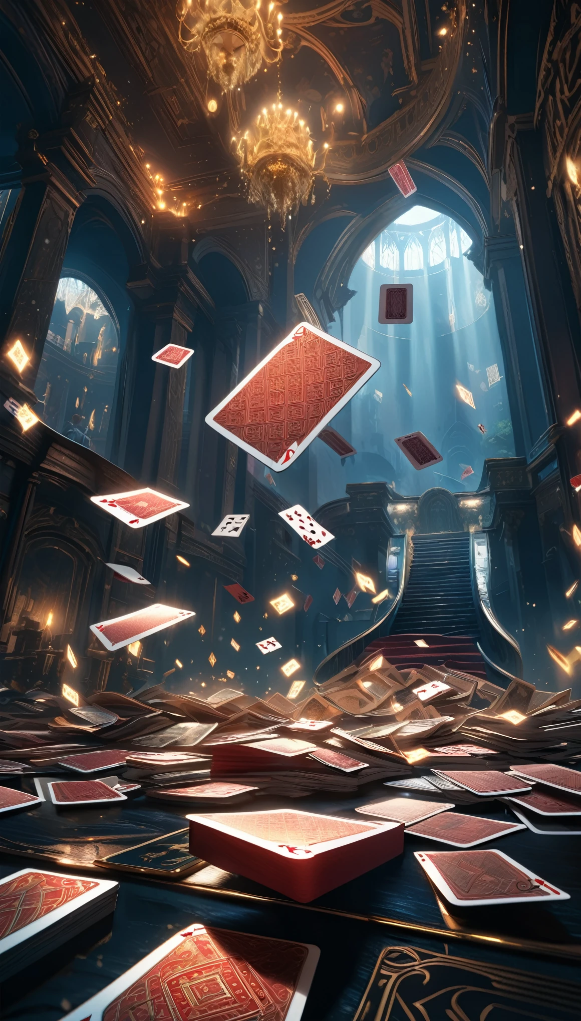 Heaven,Floating Cards,floating card tricks, dark fantasy, cinematic lighting, dramatic perspective, intricate details, moody atmosphere, rich colors, masterpiece, photorealistic, highly detailed, 8K, HDR,No humans