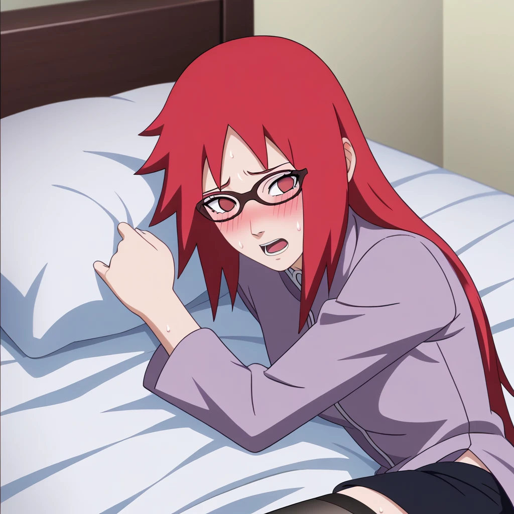Red hair, 1 Girl, Glasses, Long hair, Red Eyes, Solitary, Long gown, Black over-the-knee stockings, Black shorts, Umbilical cord, Looking at the audience，No students, Japanese cartoons screencap, Japanese cartoons coloring,src_Japanese cartoons,Naruto \(series\), Naruto shippuuden,（（blush，nervous，Vision，））masterpiece， absurd ， （Intricate details）， （Colorful）， light， Extremely detailed CG unity 8k wallpaper ，1 Girl， solo，（shy，In the hotel，Lying on the bed，night，blush，nervous，Sweating，蕾丝dress， ），sweat，blush，blush1.5，Blush，Medium chest，（（dress，Black stockings，luxurious hotel，night，）），（dress，Lying in bed，Uncomfortable expression，Mouth open，spit）