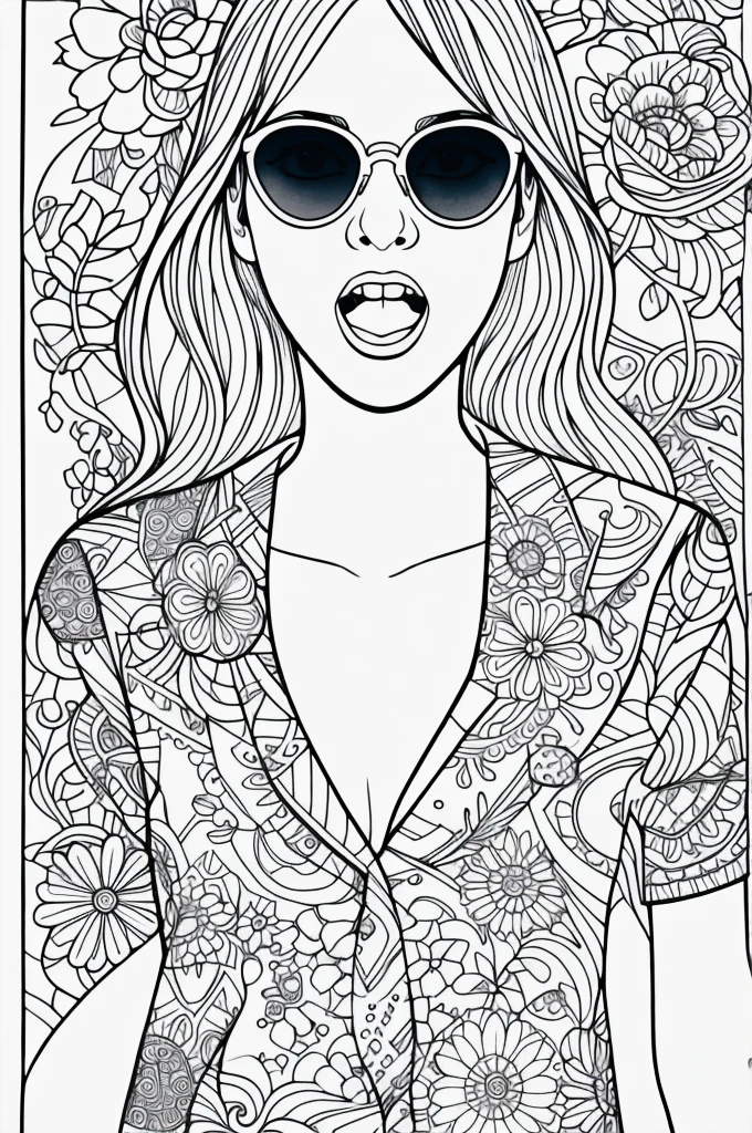 Screaming 28 year old lady with sunglasses and pent up emotions colouring book page