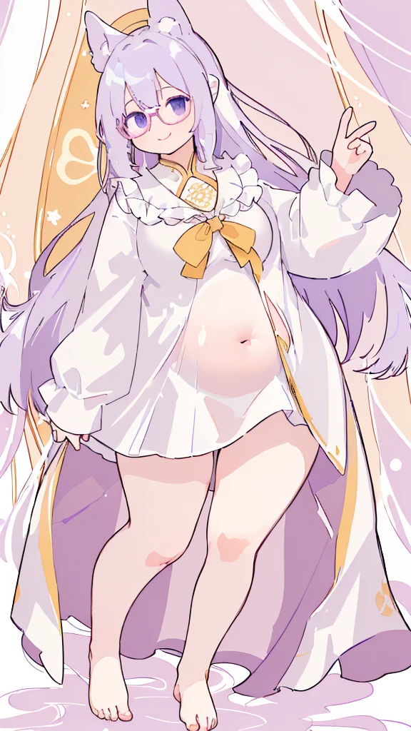  바닥에 누워 있는 big bust을 가진 애니메이션 소녀, , Tsk tsk, in a dress, fascinating anime girl, Smooth animated illustrations, ecchi anime style, , Shikamimi, She has a jiggly, fat, round belly, ecchi, Posing in Pudika pose, [ 4k digital art ]!!,(big bust:1.5), (Black eyes with a slight purple tint:1.5), (a devastated expression, dead eyes, dark atmosphere:1.5), (Very white and long hair with a bluish tint, weak perm:1.5), (oversized white shirt:1.5), (bare foot, round-rimmed glasses:1.5), (Belly Fat, muffin top, plump:1.1), (smiling faintly:1.5),(human ear,thin legs:1.5),