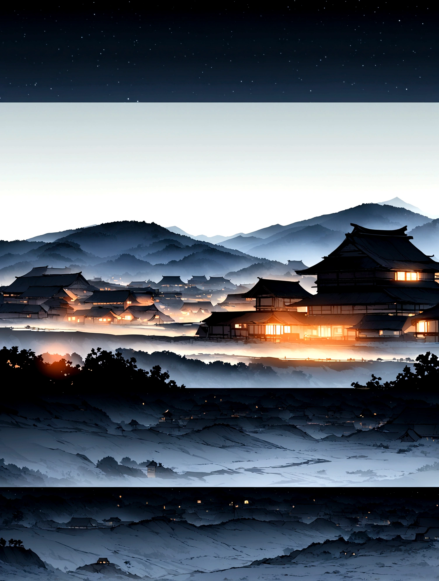 A deserted Japanese village at night , Clean white background, Professional vector, panoramic, 8K resolution, Impressive illustrations