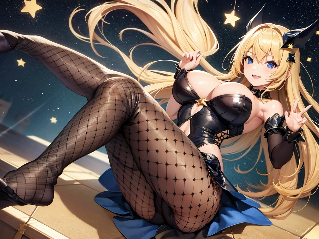 Ample breasts,pretty girl、Golden Hair、Blue Eyes、Black leotard、Star pattern、Bright atmosphere、smile、High leg、Spreading her legs,Fishnet tights、stockings