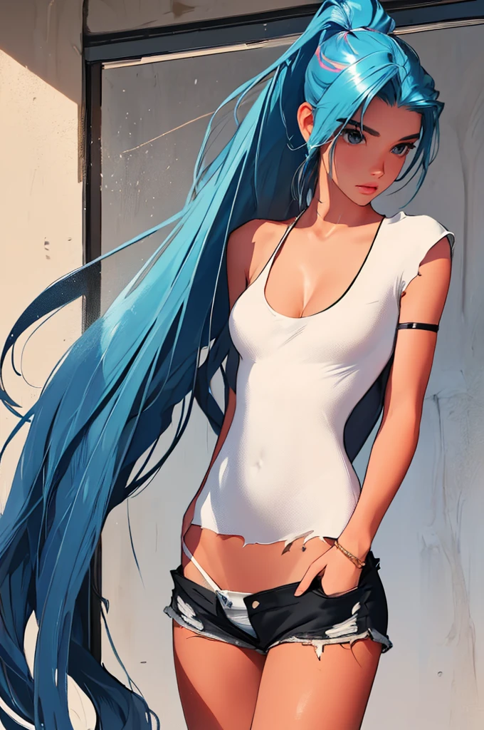 (best quality: 1.2), clean face, (masterpiece: 1.2, 8k) perfect anatomy, 1girl,a beautiful fashion model ,(masterpiece, official art, best quality ,long and shiny hair, blue hair with streaks in hair, long hair, full lips, slender body, slim body shiny breasts, looking at viewer, revealing outfit, absurdity, intricate details, dynamic pose, club, , wearing short skirtand a tight white top, cleavage,, thong straps, sunglasses, celebrity , no panties, embarrassed, shaved pussy