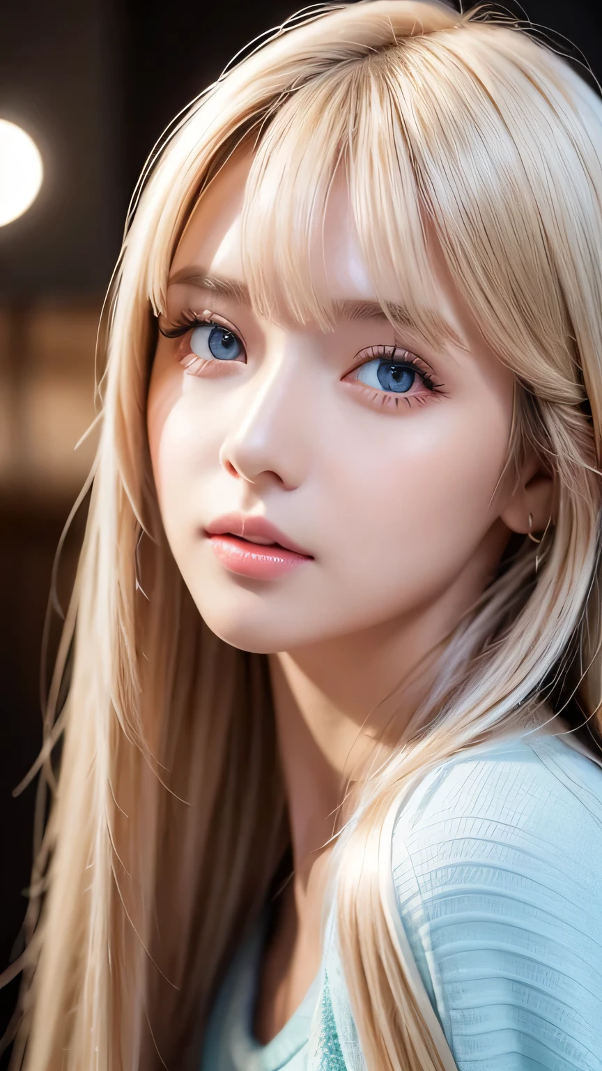 Dressed、(Photorealistic:1.4)、(ハイパーRealistic:1.4)、(Realistic:1.3)、(Smooth lighting:1.05)、(Improved cinematic lighting quality:0.9)、32k、1 Girl、A beautiful woman、Very cute expression、A beautiful blonde girl、bangs that fall on the face、Bangs left over the eyeessy bangs between the eyes and nose、Realistic top lighting、Backlight、Face Light、Super long silky platinum hair、Blonde rays、(Bright light:1.2)、(quality improvement:1.4)、(Highest quality realistic textured skin:1.4)、Very beautiful, detailed, shiny, very bright, mint blue, large eyes、Very big eyes、Detailed face、A careful eye for quality、(Tired, sleepy and satisfied: 0.0)、Face close up、T-Shirts、(Enhances the body line:1.1)、(Enhances the beauty of skin texture:1.1)、Cheek gloss highlighter、Small Face Beauty、Round face、Very white and bright skin