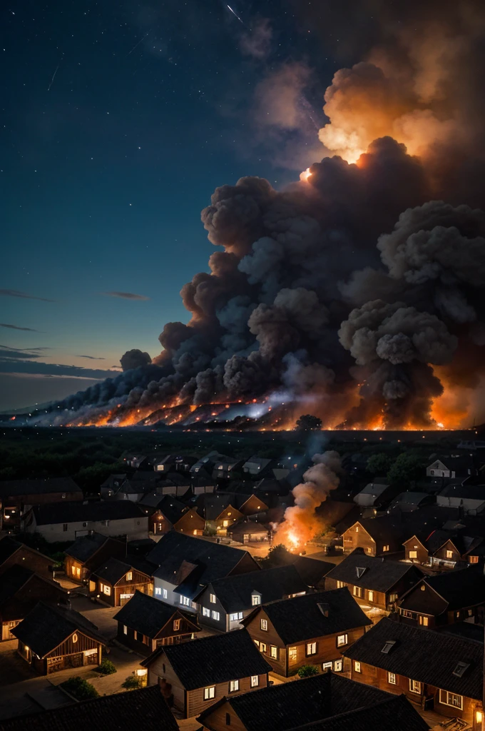 Wide shot of a village in flames, smoke billowing into the night sky.