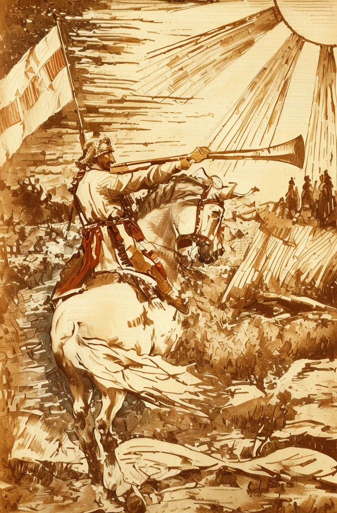 illustration of a man on a boat on the river with a white-red-white flag, man riding a white horse, landscape, bright sun, Henry Justice, Nicholas Ge, lithography, Engraving, Engraving на дереве, a fantasy proto-Slavic mythology, Apollinary Vasnetsov
