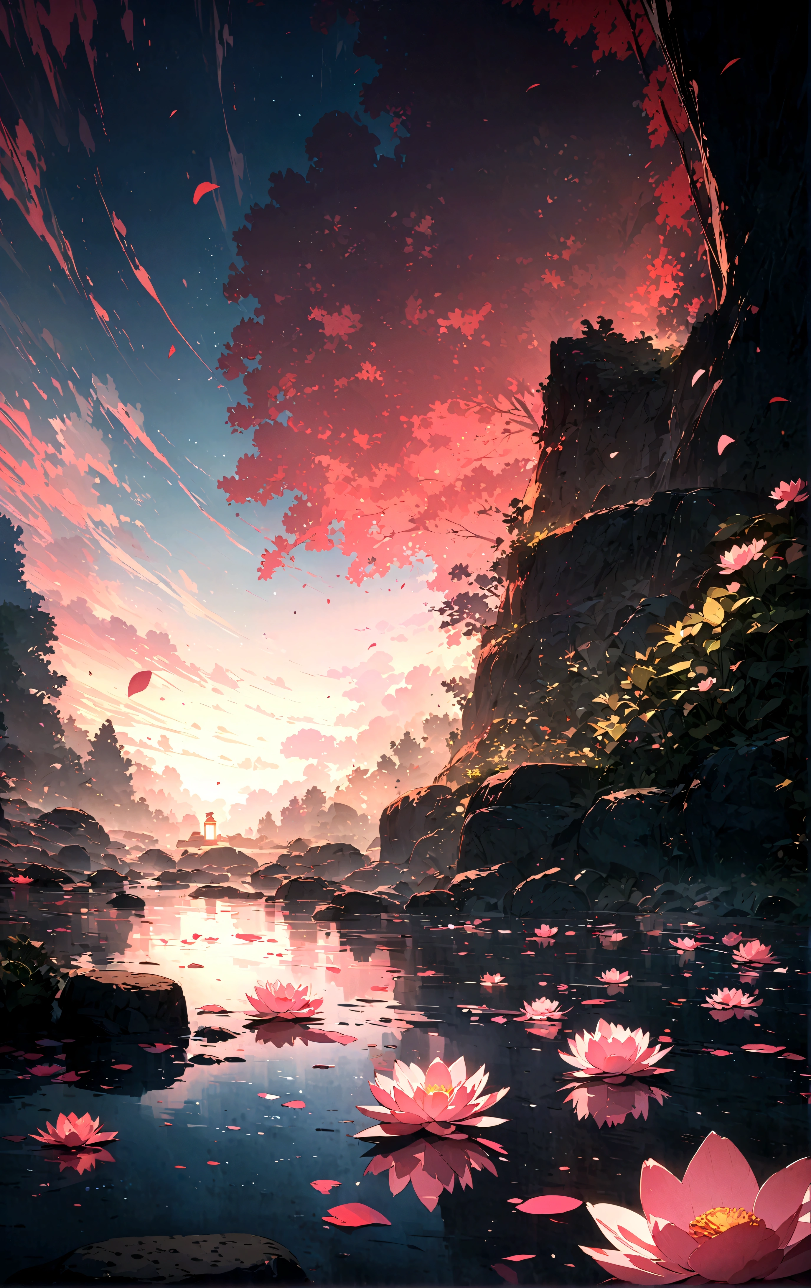 cinematic, (masterpiece), (best quality), (ultra-detailed), very aesthetic, illustration, perfect composition, intricate details, absurdres, (anime, masterpiece, intricate:1.3), (best quality, hires textures, high detail:1.2), (4k),(incredibly detailed:1.4)sss,
subsurface scattering,
hot spring, mist, rocks, Peony, glittery mist, moonlight, sky, lots of stars in the sky, water reflections of the night sky, lotus floating on water with candle, flower petals in the water, moon in the sky, Anime art style,