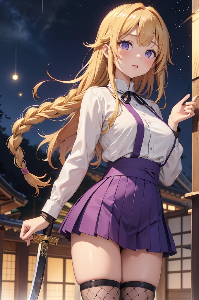 (highest quality)), ((masterpiece)), (Familiar), Perfect Face,Shiny skin,Beautiful breasts,how,Shiny skin、Kyoto Animation style painting、Golden Hair、Golden Eyes、Sunburned skin、night、Holding a Japanese sword、ruins、Combat Stance、Fishnet tights、Braided Hair、spats、inner、Kunoichi clothes、Purple clothes、Wearing a golden aura、Golden Mist、shock wave