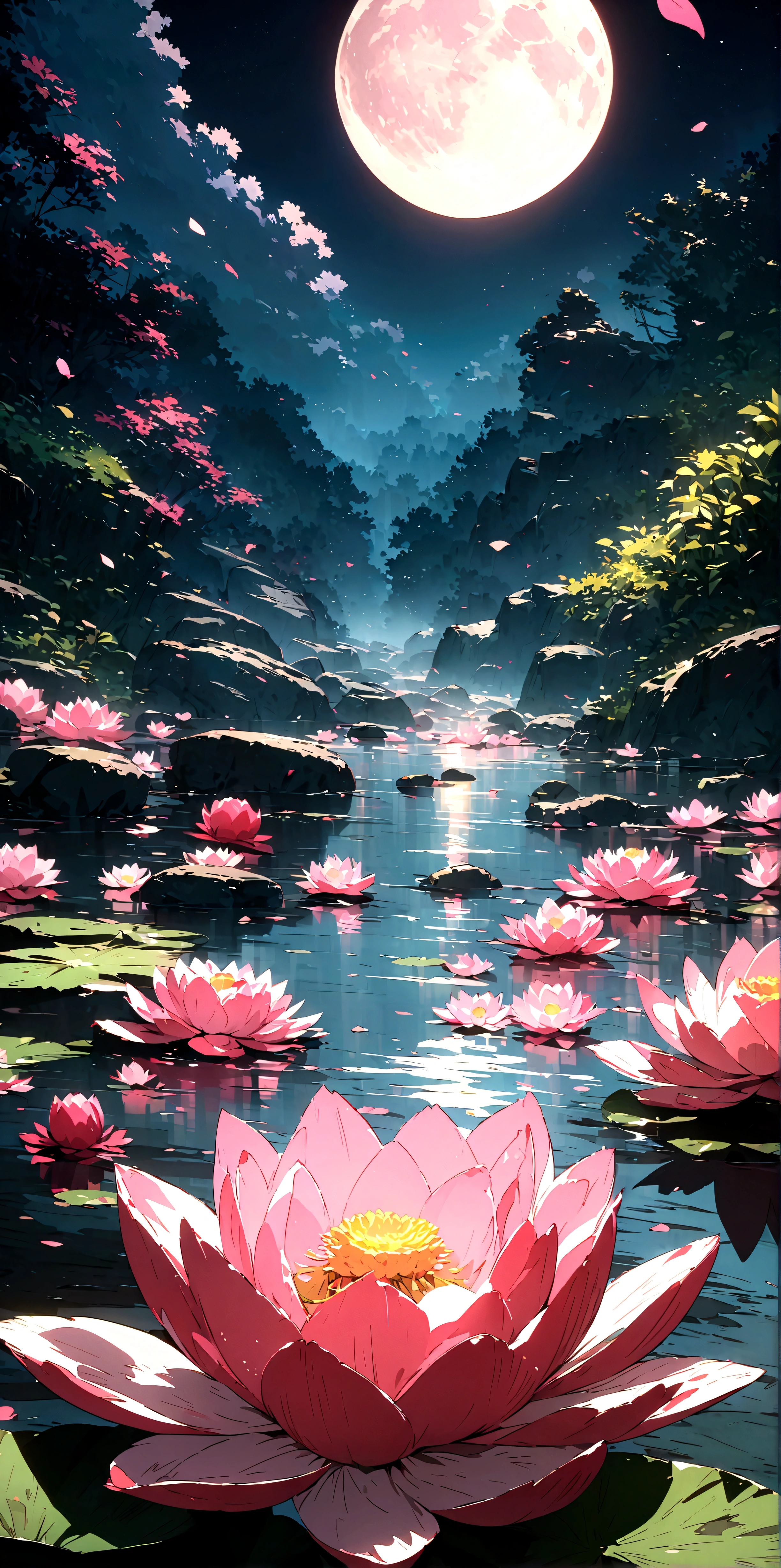 cinematic, (masterpiece), (best quality), (ultra-detailed), very aesthetic, illustration, perfect composition, intricate details, absurdres, (anime, masterpiece, intricate:1.3), (best quality, hires textures, high detail:1.2), (4k),(incredibly detailed:1.4)sss,
subsurface scattering,
hot spring, mist, rocks, Peony, glittery mist, moonlight, sky, lots of stars in the sky, water reflections of the night sky, lotus floating on water with candle, flower petals in the water, moon in the sky, Anime art style,