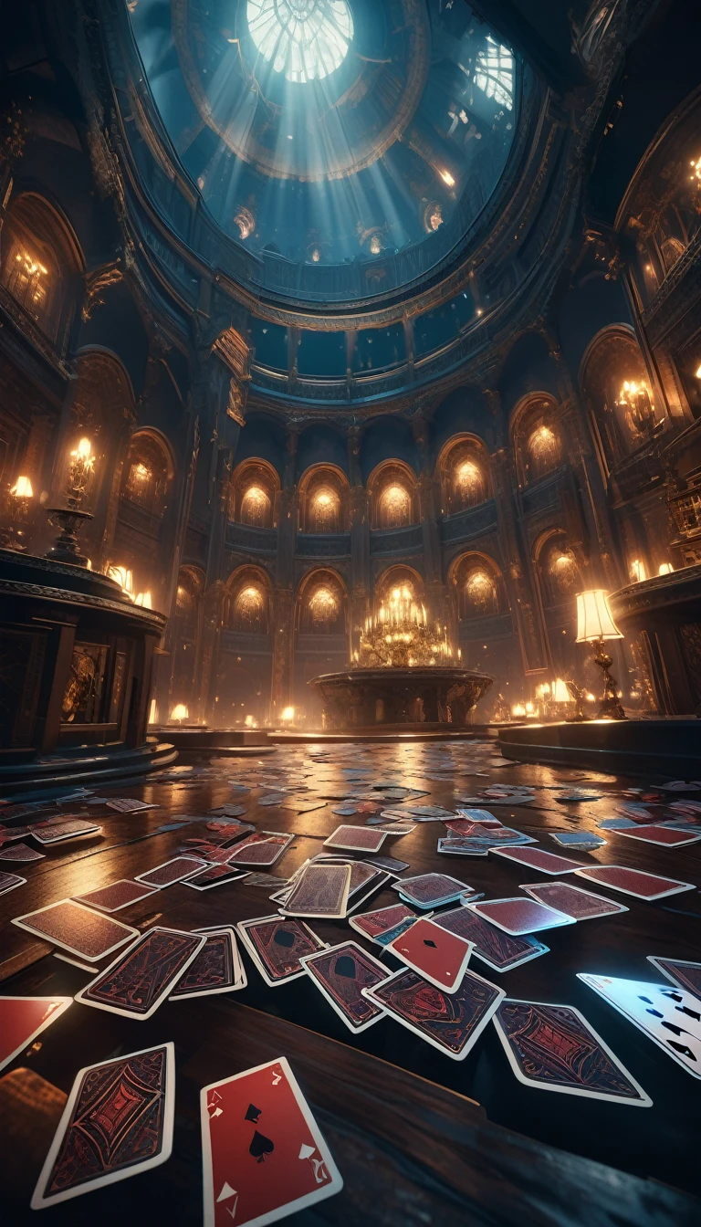 Heaven,Floating gorgeous cards,floating card tricks, dark fantasy, cinematic lighting, dramatic perspective, intricate details, moody atmosphere, rich colors, masterpiece, photorealistic, highly detailed, 8K, HDR,No humans