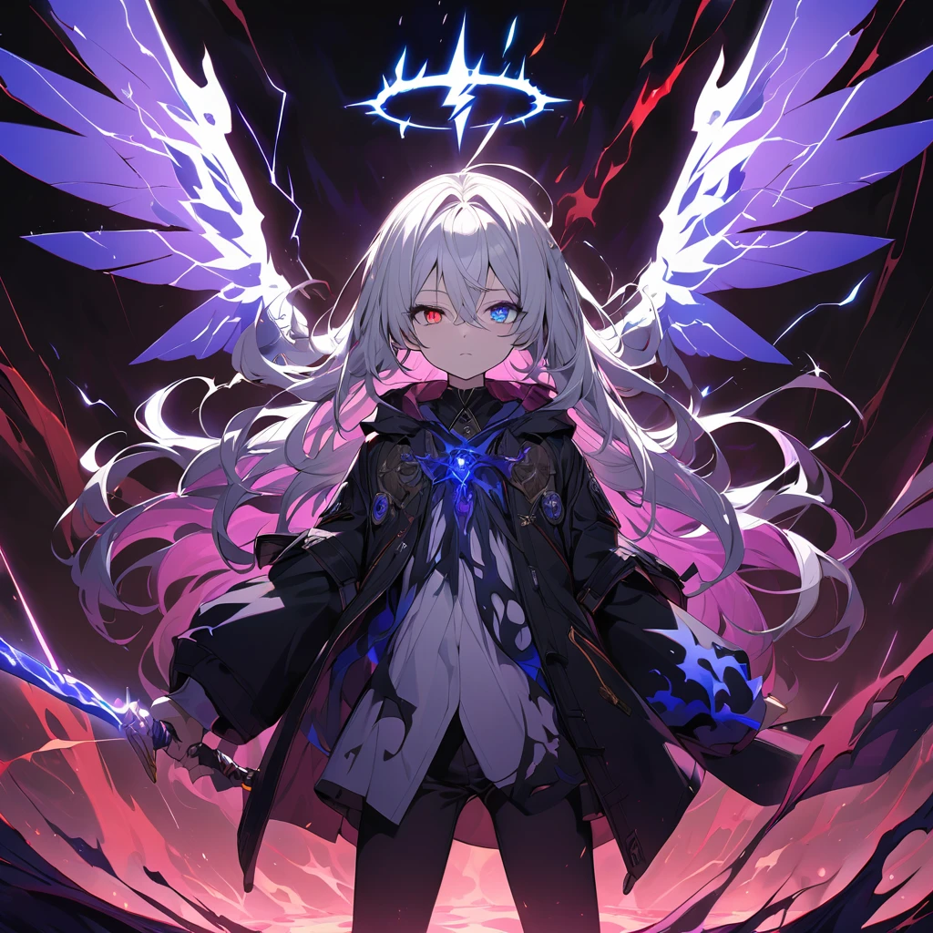 elementary, Shadow Surrounding Girl, lightning, Green Aura, Red aura, Purple aura, Flames surrounding the girl, masterpiece, Dark Theme, Highest quality, Maximum details, Very fine eye, Professional coloring, cinematic lightning, Remaining, Written boundary depth, Backlight, One Girl, Young girl, Silver Hair, Long Hair, Hair between the eyes, Black translucent halo, Shining blue sea, Blue Flame, Large translucent magical wings on his back, Fantasy-inspired costumes, Black long coat, shirt, Black trousers, Expressionless, heterochromatic eyes, Heterochromia iridis, Purple left eye and blue right eye, Odd Eye, Glowing Eyes, Show a close-up of your face, Facing forward, Countless magical swords are floating, Slashing Effects