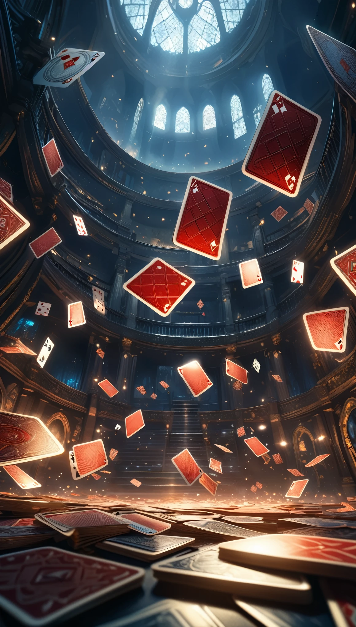 Heaven，Floating Cards，floating  card tricks,  dark fantasy, cinematic lighting, dramatic perspective, intricate details, moody atmosphere, rich colors, masterpiece, photorealistic, highly detailed, 8K, HDR，No humans