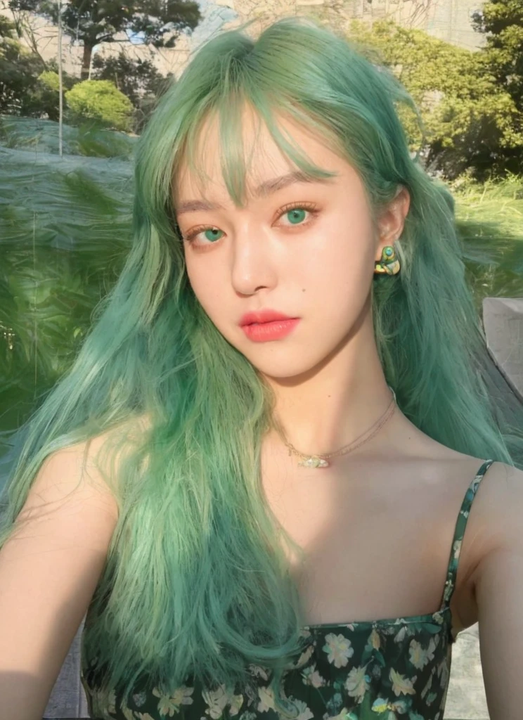 8K high quality，1 woman，Turquoise green hair：1.5，Look at the camera
