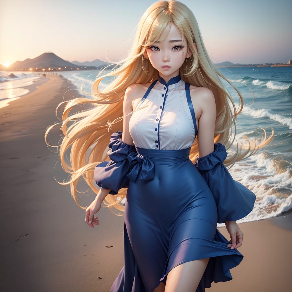 Anime CG, a young South Korean woman aged 24, she has a small, well-proportioned face with delicate features.
Her eyes are large and expressive, with double eyelids and a captivating gaze. Her nose is thin and well defined.
Her lips are full and well-drawn.
Her long, straight hair is a shade of blonde that matches her appearance.
Her skin is clear and smooth. Her body is of medium height and slim, with a graceful figure.
As she walks along the beachfront at sunset in Jeju, her blue-marine dress sways in the wind.