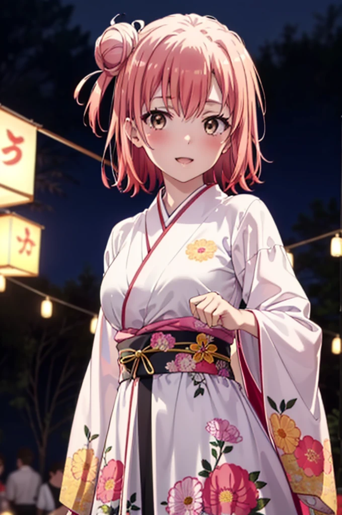 yuiyuigahama, yui yuigahama, short hair, (Brown eyes:1.5), (Pink Hair:1.2), smile,blush,Squint your eyes,Open your mouth,Happy atmosphere,Hair Bun,single Hair Bun, smile,Flower Hair Ornaments,Big Breasts,Pink kimono,Long skirt in pink color,Thick sleeves,日本のfestival,夏festivalの屋台,Red lantern,Fireworks in the night sky、Fireworks,The place is a fireworks display,Time is night,So that the whole body goes into the illustration,
break outdoors, festival,
break looking at viewer, Upper Body, (Cowboy Shot:1. 5)
break (masterpiece:1.2), Highest quality, High resolution, unity 8k wallpaper, (figure:0.8), (Beautiful attention to detail:1.6), Highly detailed face, Perfect lighting, Highly detailed CG, (Perfect hands, Perfect Anatomy),
