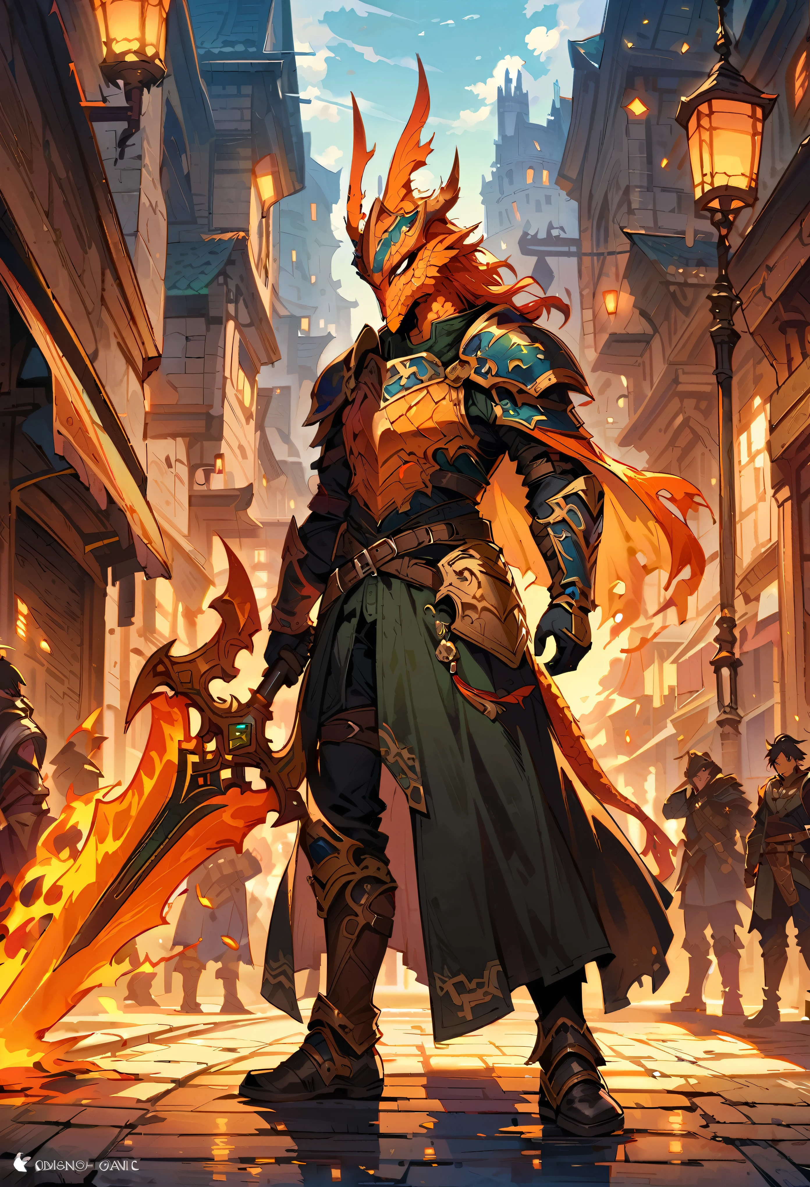 DnD character art, fantasy warrior with dragon head helmet and orange scales holding sword in hand standing on city street, green , black leather gloves, high details, in the style of fantasy., knight dragon, big sword, holdingsword, fire element