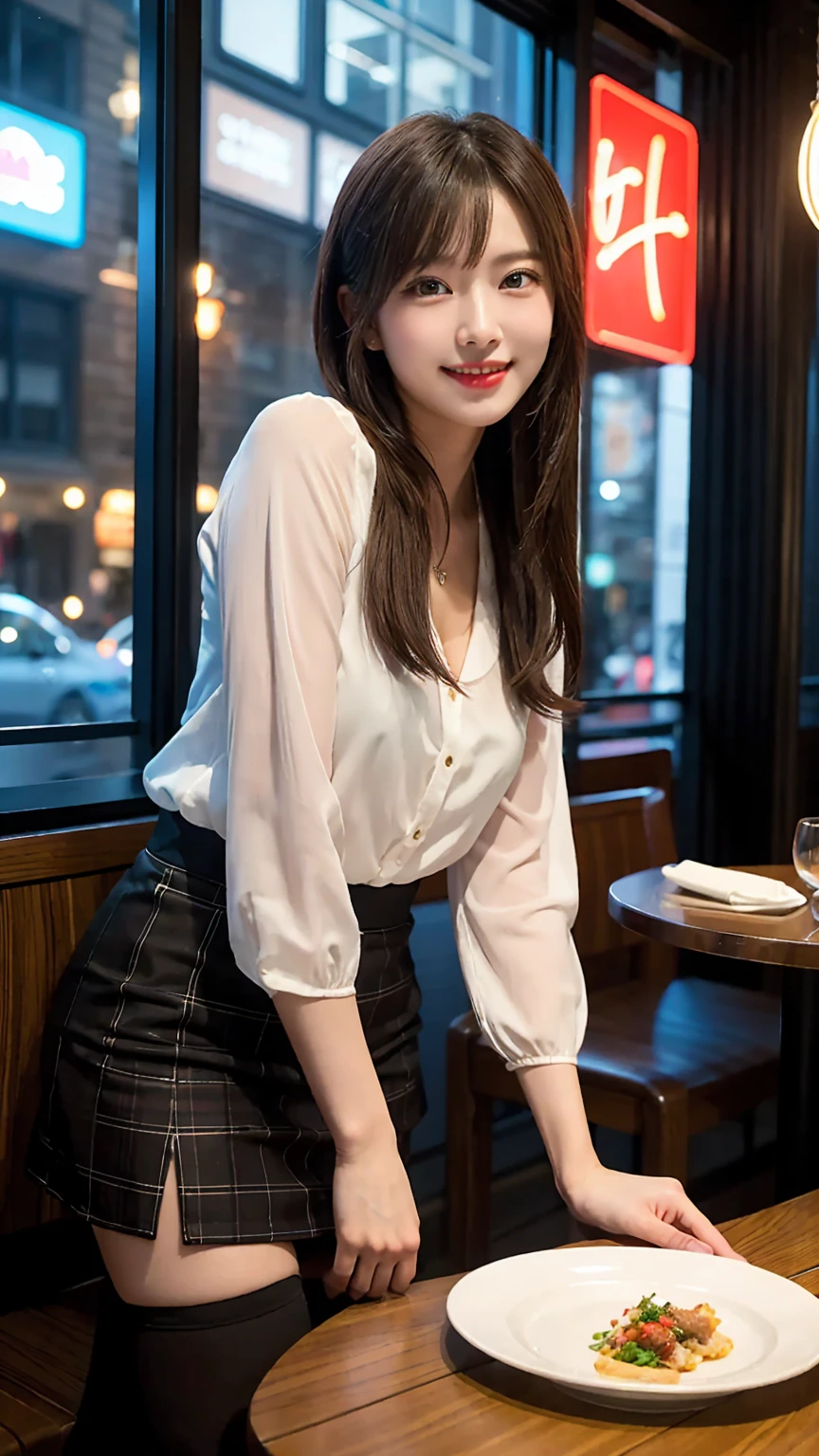 highest quality, masterpiece, 8K, ultra high resolution, (realistic: 1.4), beautiful face, symmetrical eyes, Japanese, 20 years old, brown hair, smile, wearing makeup, high-definition images, atmospheric perspective, super detail, accurate, best quality, (angle from under the table), Japanese , (2 girls:1.6), drooping eyes, sleepy face, blush, in the city, busy, skyscrapers, skirt, high heels, necklace, white blouse , restaurant with large windows, takes a seat, (other customers), night scene, windows have harbor view, foods, romantic dinner