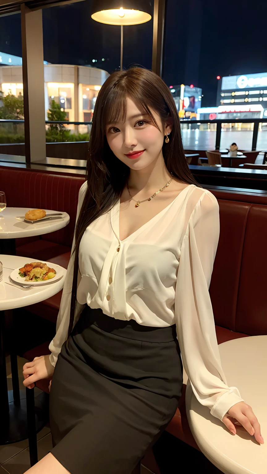 highest quality, masterpiece, 8K, ultra high resolution, (realistic: 1.4), beautiful face, symmetrical eyes, Japanese, 20 years old, brown hair, smile, wearing makeup, high-definition images, atmospheric perspective, super detail, accurate, best quality, (angle from under the table),  Japanese , (2 girls:1.6), drooping eyes, sleepy face, blush, in the city, busy, skyscrapers, skirt, high heels, necklace, white blouse , restaurant with large windows, takes a seat, (other customers), night scene, windows have harbor view, foods, romantic dinner 