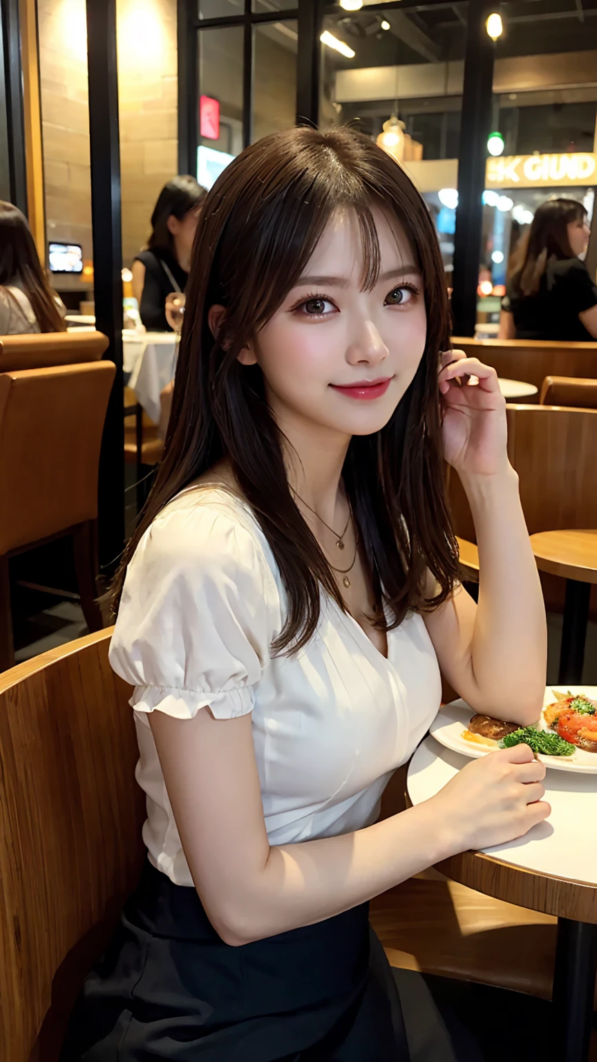 highest quality, masterpiece, 8K, ultra high resolution, (realistic: 1.4), beautiful face, symmetrical eyes, Japanese, 20 years old, brown hair, smile, wearing makeup, high-definition images, atmospheric perspective, super detail, accurate, best quality, (angle from under the table), Japanese , (2 girls:1.6), drooping eyes, sleepy face, blush, in the city, busy, skyscrapers, skirt, high heels, necklace, white blouse , restaurant with large windows, takes a seat, (other customers), night scene, windows have harbor view, foods, romantic dinner