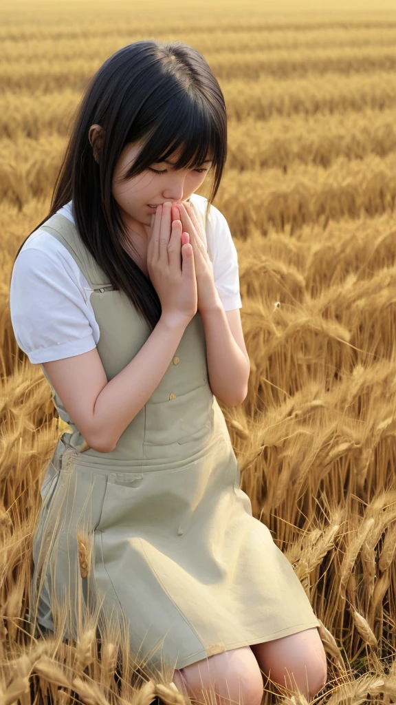 Asahi、Wheat field、Praying Japanese girl in her twenties