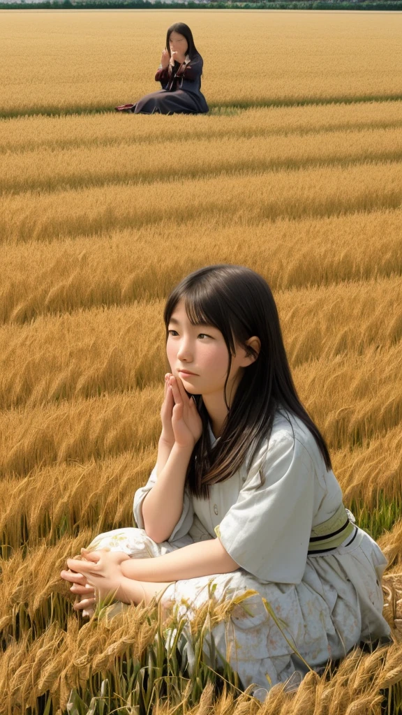 Asahi、Wheat field、Praying Japanese girl in her twenties