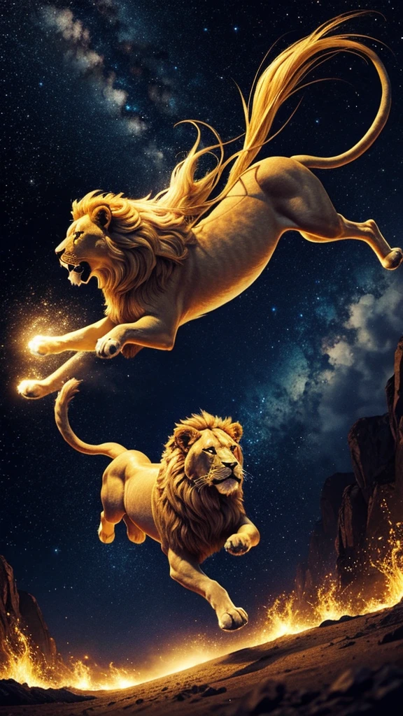A golden lion galloping through the starry sky