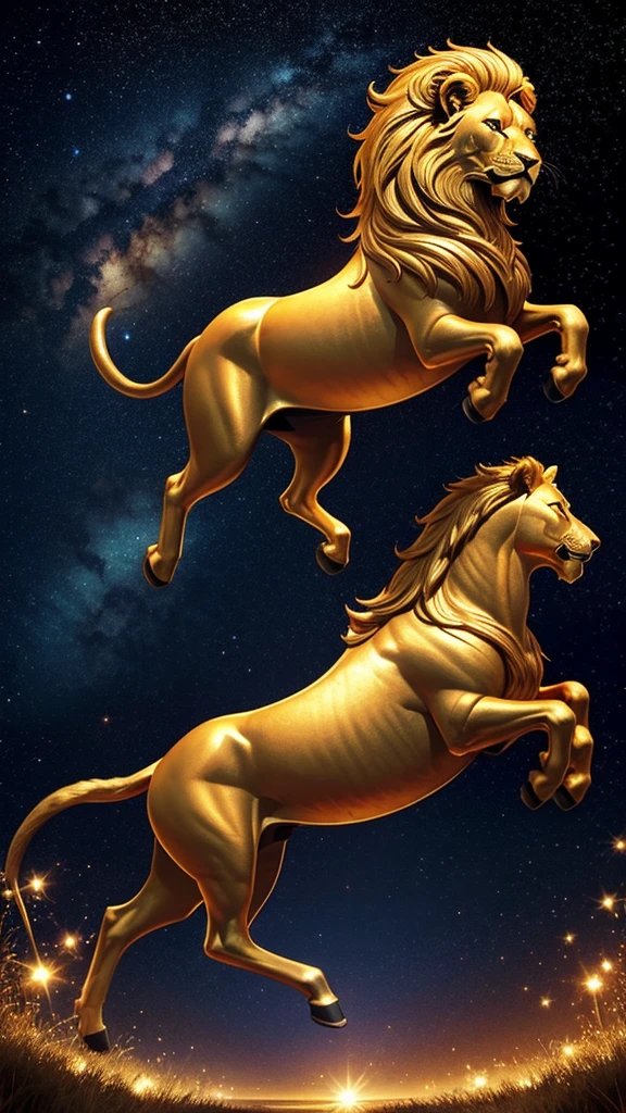 A golden lion galloping through the starry sky