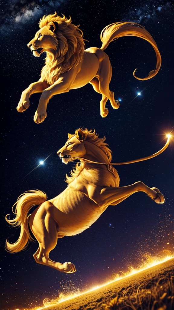 A golden lion galloping through the starry sky