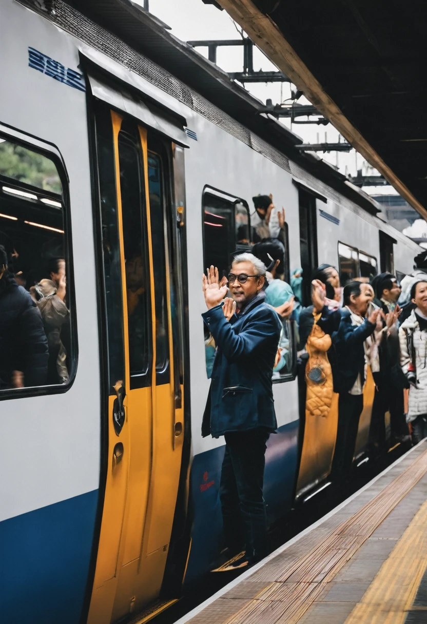 People on the platform waving from the train window