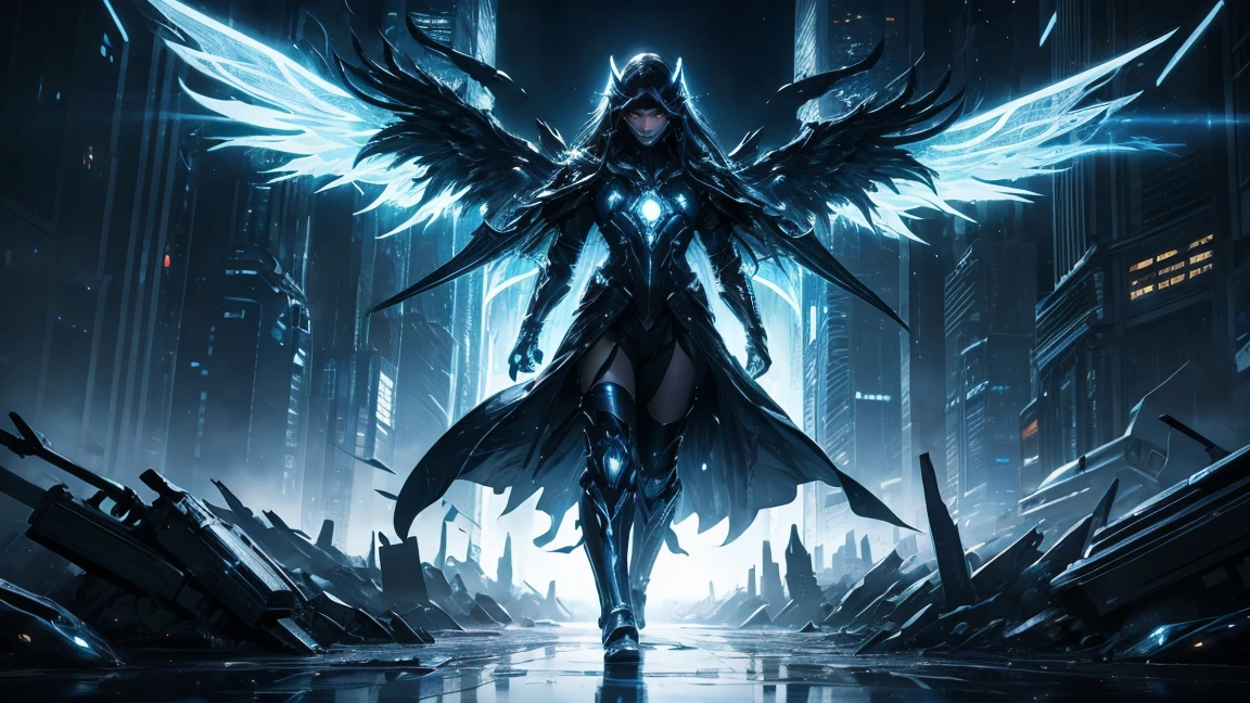 ((masterpiece, Highest quality, Best image quality, High resolution、４ｋ)) One evil black masked angel、Glowing white wings、Glowing halo、Huge railgun、Cyberface。Flowing White Cyber Robe、god々Shining with a bright light。Shiny advanced cybernetic enhancements. Seen in dynamic action poses, reflection on a smooth surface. The cityscape below is filled with towering skyscrapers., illuminated by colorful holographic advertisements, Shining with blue energy, Mighty power. The overall atmosphere is dark and mysterious., It had a futuristic techno vibe.. The lighting is dramatic, Intense highlights and deep shadows, Creates depth and tension