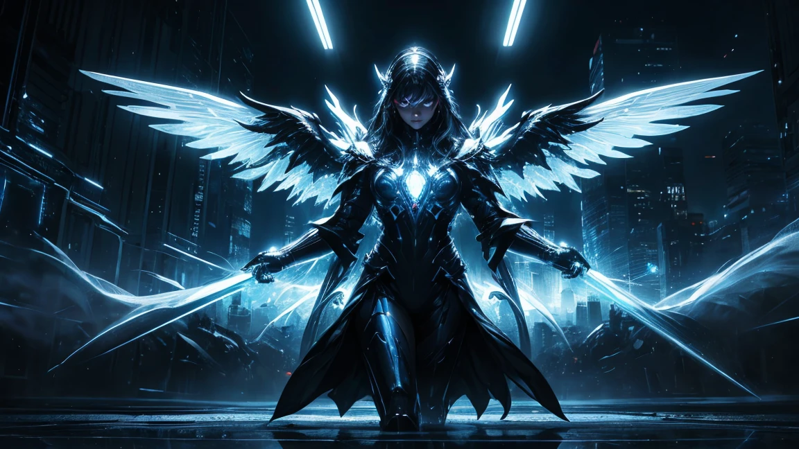 ((masterpiece, Highest quality, Best image quality, High resolution、4k)) One evil black masked angel、Glowing white wings、Glowing halo、Huge railgun、Cyberface。Flowing White Cyber Robe、god々Shining with a bright light。Shiny advanced cybernetic enhancements. Seen in dynamic action poses, reflection on a smooth surface. The cityscape below is filled with towering skyscrapers., illuminated by colorful holographic advertisements, Shining with blue energy, Mighty power. The overall atmosphere is dark and mysterious., It had a futuristic techno vibe.. The lighting is dramatic, Intense highlights and deep shadows, Creates depth and tension