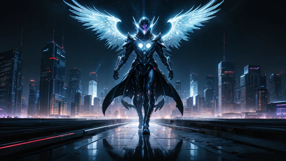 ((masterpiece, Highest quality, Best image quality, High resolution、４ｋ)) One evil black masked angel、Glowing white wings、Glowing halo、Huge railgun、Cyberface。Flowing White Cyber Robe、god々Shining with a bright light。Shiny advanced cybernetic enhancements. Seen in dynamic action poses, reflection on a smooth surface. The cityscape below is filled with towering skyscrapers., illuminated by colorful holographic advertisements, Shining with blue energy, Mighty power. The overall atmosphere is dark and mysterious., It had a futuristic techno vibe.. The lighting is dramatic, Intense highlights and deep shadows, Creates depth and tension