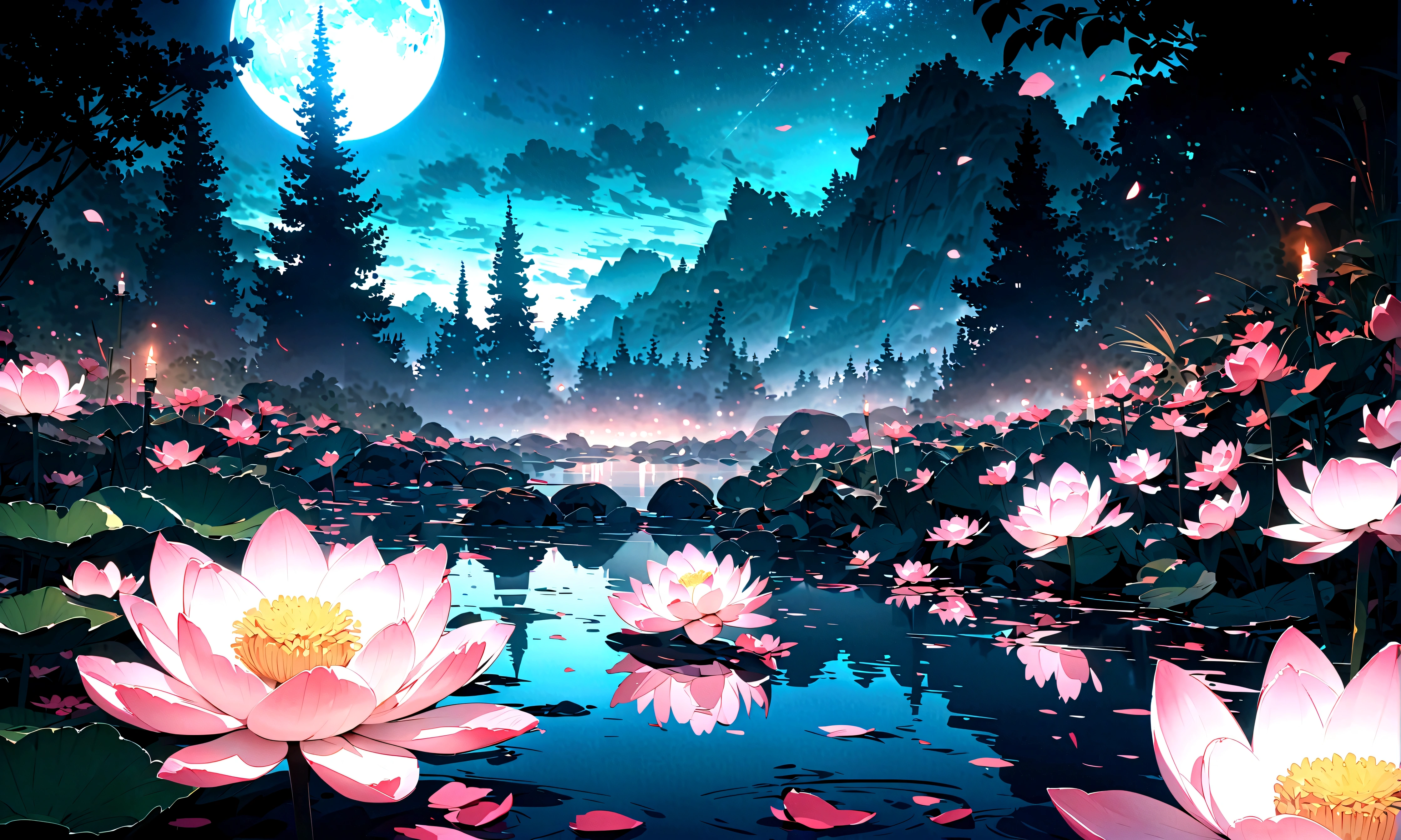 cinematic, (masterpiece), (best quality), (ultra-detailed), very aesthetic, illustration, perfect composition, intricate details, absurdres, (anime, masterpiece, intricate:1.3), (best quality, hires textures, high detail:1.2), (4k),(incredibly detailed:1.4)sss,
subsurface scattering,
hot spring, mist, rocks, Peony, glittery mist, moonlight, sky, lots of stars in the sky, water reflections of the night sky, lotus floating on water with candle, flower petals in the water, moon in the sky, Anime art style,