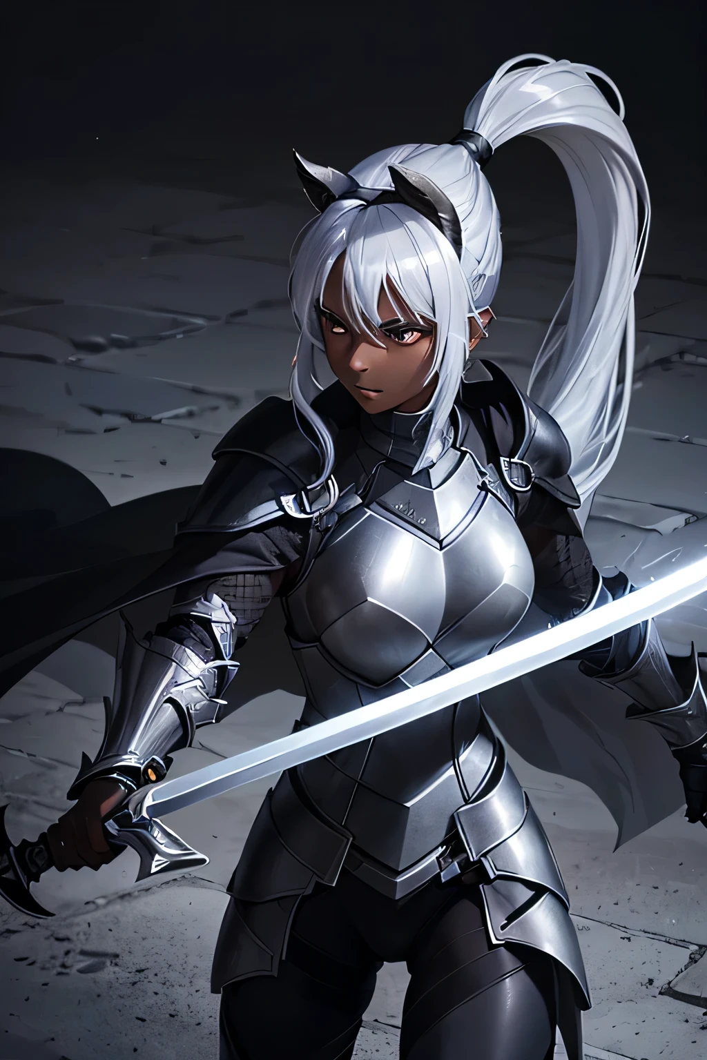 Beautiful 20 year old woman, (((Silver ponytail))),(((Dark Skin)))、Dark Knight,(((Black Armor)))、Swinging the Sword、In the Dark、Black Cape