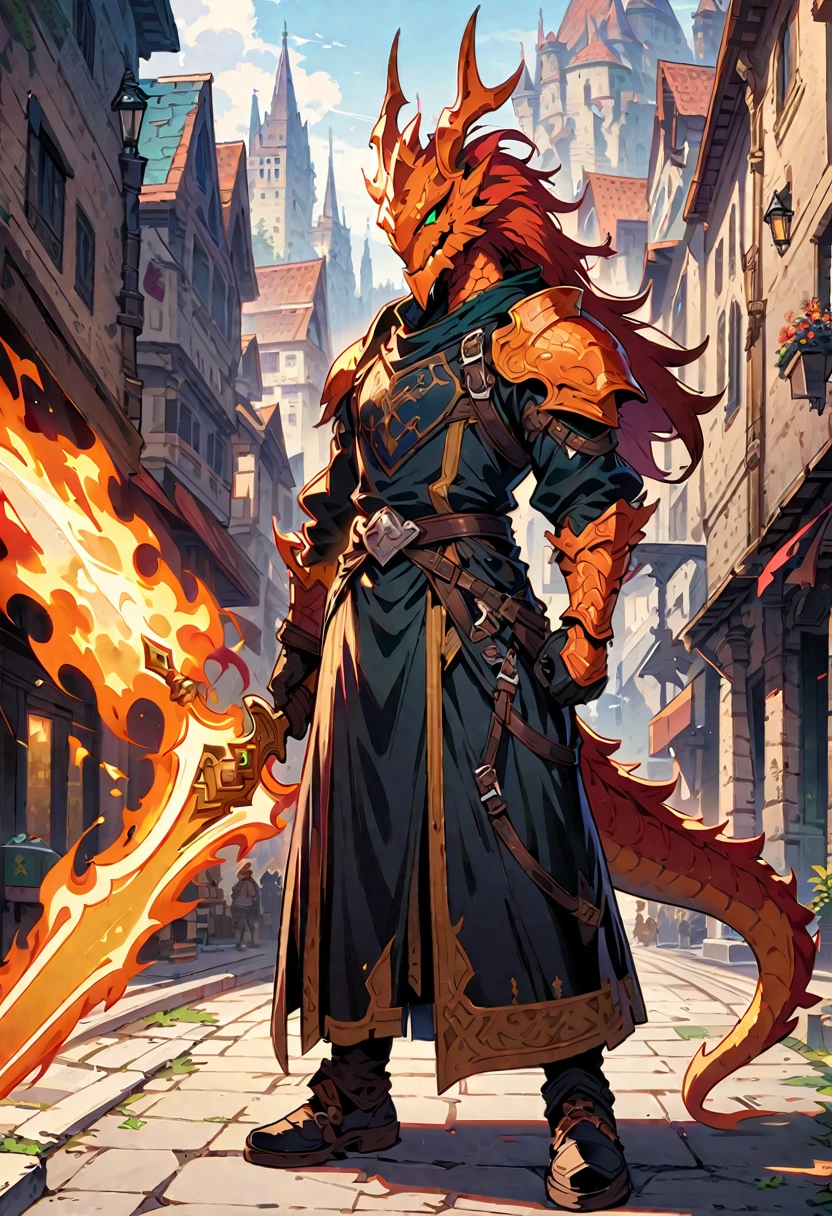 DnD character art, fantasy warrior with dragon head helmet and orange scales holding sword in hand standing on city street, green , black leather gloves, high details, in the style of fantasy., knight dragon, big sword, holdingsword, fire element, dragon head