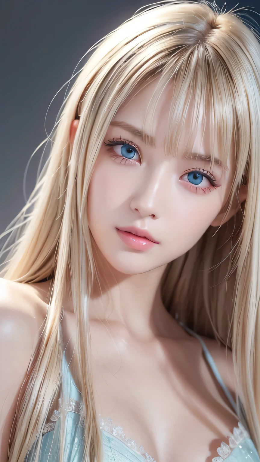 Dressed、(Photorealistic:1.4)、(ハイパーRealistic:1.4)、(Realistic:1.3)、(Smooth lighting:1.05)、(Improved cinematic lighting quality:0.9)、32k、1 Girl、A beautiful woman、Very cute expression、A beautiful 15 year old blonde girl、bangs that fall on the face、Bangs left over the eyeessy bangs between the eyes and nose、Realistic top lighting、Backlight、Face Light、Super long silky platinum hair、Blonde rays、(Bright light:1.2)、(quality improvement:1.4)、(Highest quality realistic textured skin:1.4)、Very beautiful, detailed, shiny, very bright, mint blue, large eyes、Very big eyes、Detailed face、A careful eye for quality、(Tired, sleepy and satisfied: 0.0)、Face close up、T-Shirts、(Enhances the body line:1.1)、(Enhances the beauty of skin texture:1.1)、Cheek gloss highlighter、Small Face Beauty、Round face、Very white and bright skin