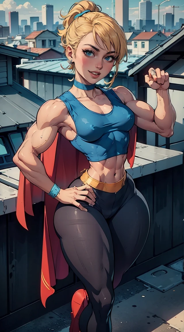 (Muscular:1.9), (thick thighs:1.8),
(blonde female), (supergirl:1.5), (big smile:1.7), (blunt bangs), (ponytail:0.8),
earrings, lipstick, eyeshadow,
(hard nipples), (small breasts:2),
(blue sleeveless tanktop, midriff, speedo, tights:1.9), (small cape:1.3), (choker:1.2), (active pose:1.5),
looking at viewer, three quarter view, (upper body view), (sideboob),
(rooftop, skyline background:1.3), rim lighting, two tone lighting, dim lighting, bokeh, detailed skin, detailed eyes